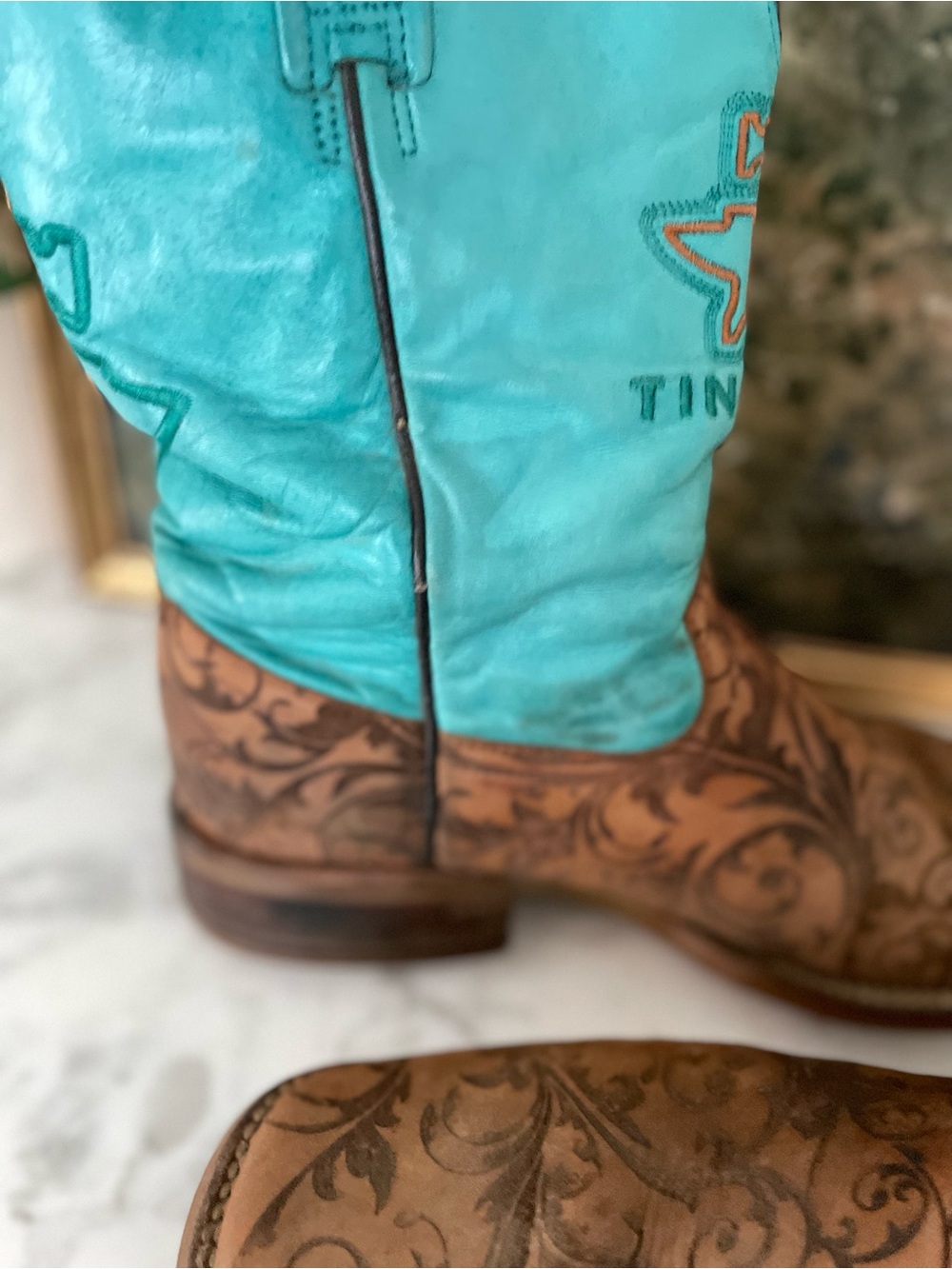 Tin Haul Womens Western Boots Turquoise Brown Floral Tooled Leather Size 10 - Picture 6 of 12